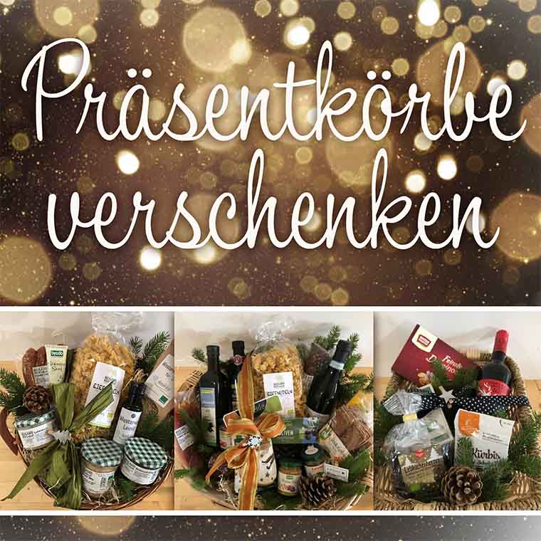 Grafik: Einige Präsentkörbe für Weihnachten werden gezeigt und darüber steht Präsentkörbe verschenken als Überschrift