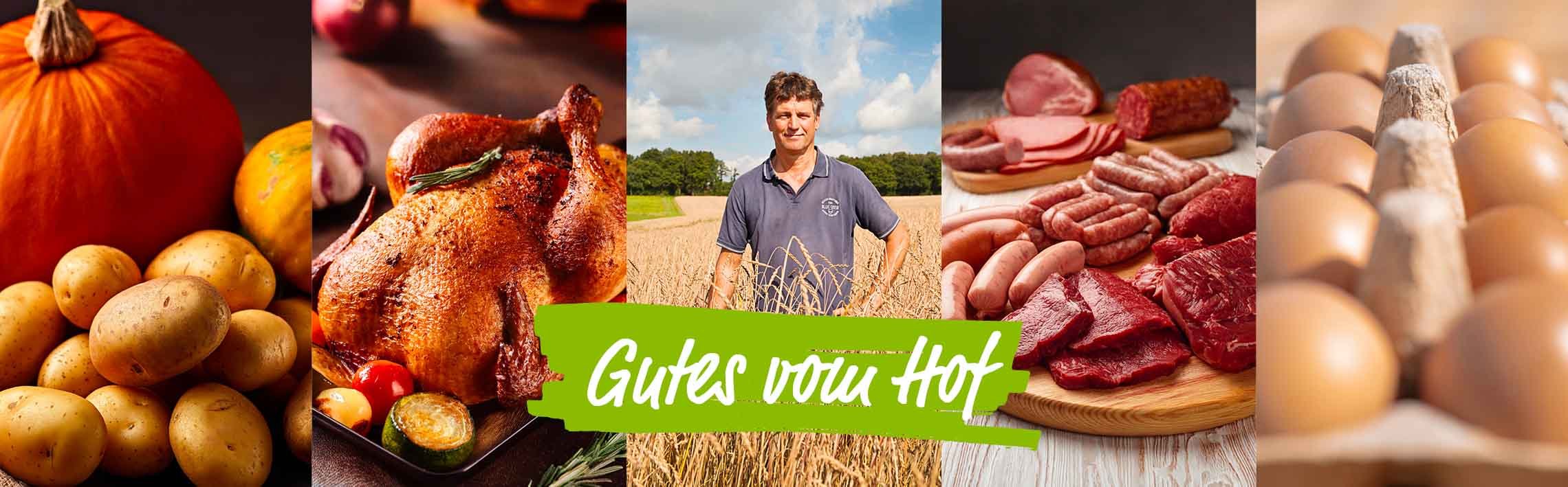 Das Bild zeigt eine Fotocollage mit einem Bio-Kürbis, Bio-Kartoffeln, Bio-Brathähnchen, Bio-Landwirt Konrad Mockenhaupt, diversen Bio-Fleisch- und Wurstwaren sowie Bio-Eiern von unseren Freilandhühnern.