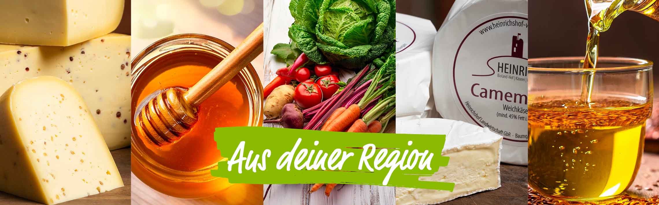 Das Bild zeigt eine Fotocollage mit Westerwälder Bio-Produkten wie Bio-Käse, Bio-Honig, Bio-Gemüse, Bio-Weichkäse und Bio-Speiseöl.