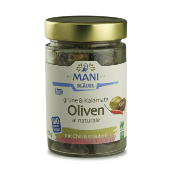 Grüne u Kalamata Oliven mit Chili u Kräutern